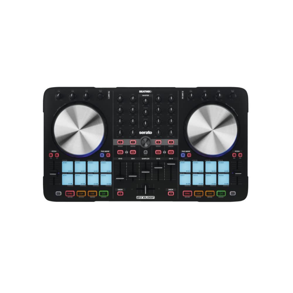 Reloop Beatmix 4 MK2 – 4-Deck USB Performance Pad Controller - 16 Multi-Colour Drum Pads mit Jogwheels und integrierter Soundkarte, Plug and play für Serato DJ Intro, MIDI kompatibel, USB Bus Powered