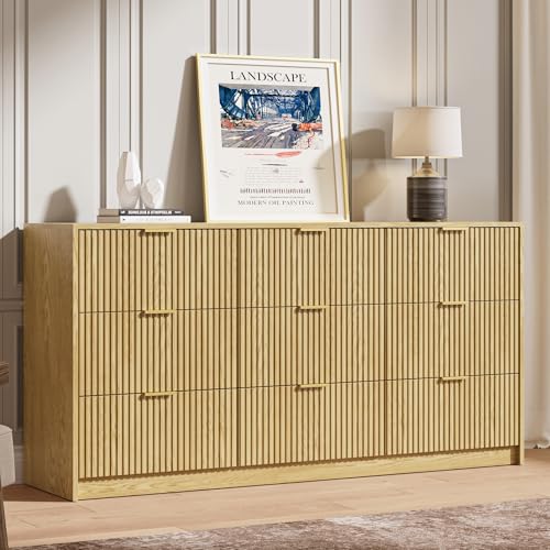 Image of MAISONARIA 63 inch Wide Fluted 9-Drawer Dresser for Bedroom, Natural