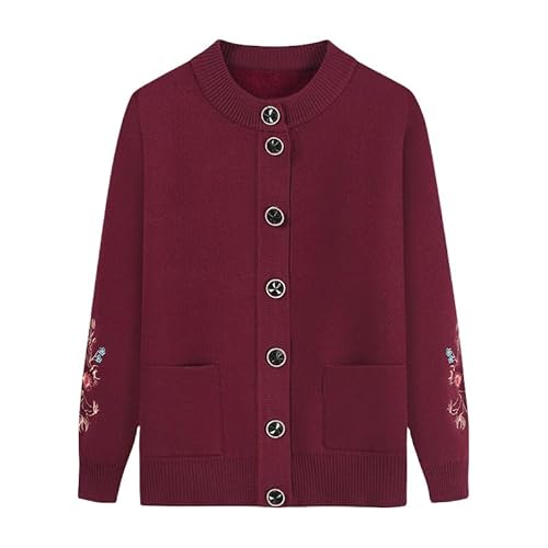 FWSHANGMAO Women Fleece Lined Knitted Cardigan Sweaters with Pockets, Middle-Aged Elderly Casual Crew Neck Embroidered Top Grandma Cardigan Coat Jacket Warm Sweater Maroon Xs