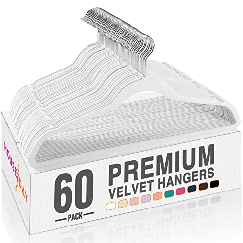 Image of HOUSE DAY White Velvet Hangers 60 Pack, Non Slip Clothes Felt Hanger Heavy Duty for Coat, Premium Slim Space Saving Suit Hangers for Closet Organizer, 360 Rotating Silver Hook