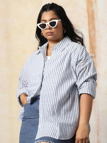 Image of HIGH Star Oversized Striped Cotton Shirt for Women | Stylish Tops for Women | Comfortable and Trendy Casual Shirt