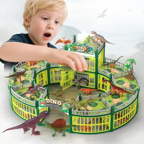Dinosaurier-Spielplatz-Set, 215-teilig, 18 Dinosaurier, eigenen Park Bauen, mit öffnendem Käfig & Kampfstation, für Jungen und Mädchen
