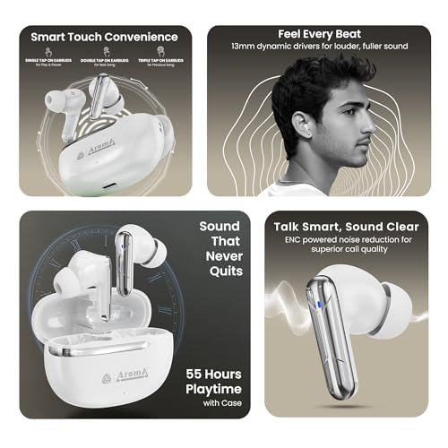 Image of AROMA TWS7 Star V5.4 Upto 60Hr Playtime*, ENC, Dual Paring, Fast Charging, Heavy Bass Bluetooth