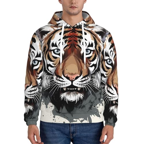 Men's Fleece Pullover Hoodie Long Sleeve Hooded Black and white doodle tiger Sweatshirt Casual Shirts With Pockets 3X-Large2