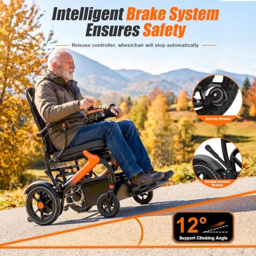 Image of Lightweight Electric Wheelchair for Adults, Orange,15 MI