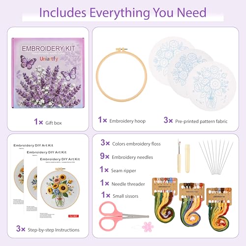 Image of Uniartfy 3 Sets Sunflower Embroidery Kits for Beginners, Needlepoint Kits for Adults, Cross Stitch Kit with Cloth, Hoop, Threads and Instruction, Easy to Learn Embroidery Starter Kit for Craft Lover