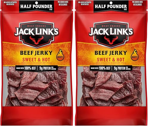 Jack Link's Beef Jerky, Sweet & Hot, Half Pounder Large Jerky Bag - Flavorful Meat Snack, Ready to Eat Protein Snacks with 9g of Protein per Serving, Made with 100% Beef (Pack of 2)