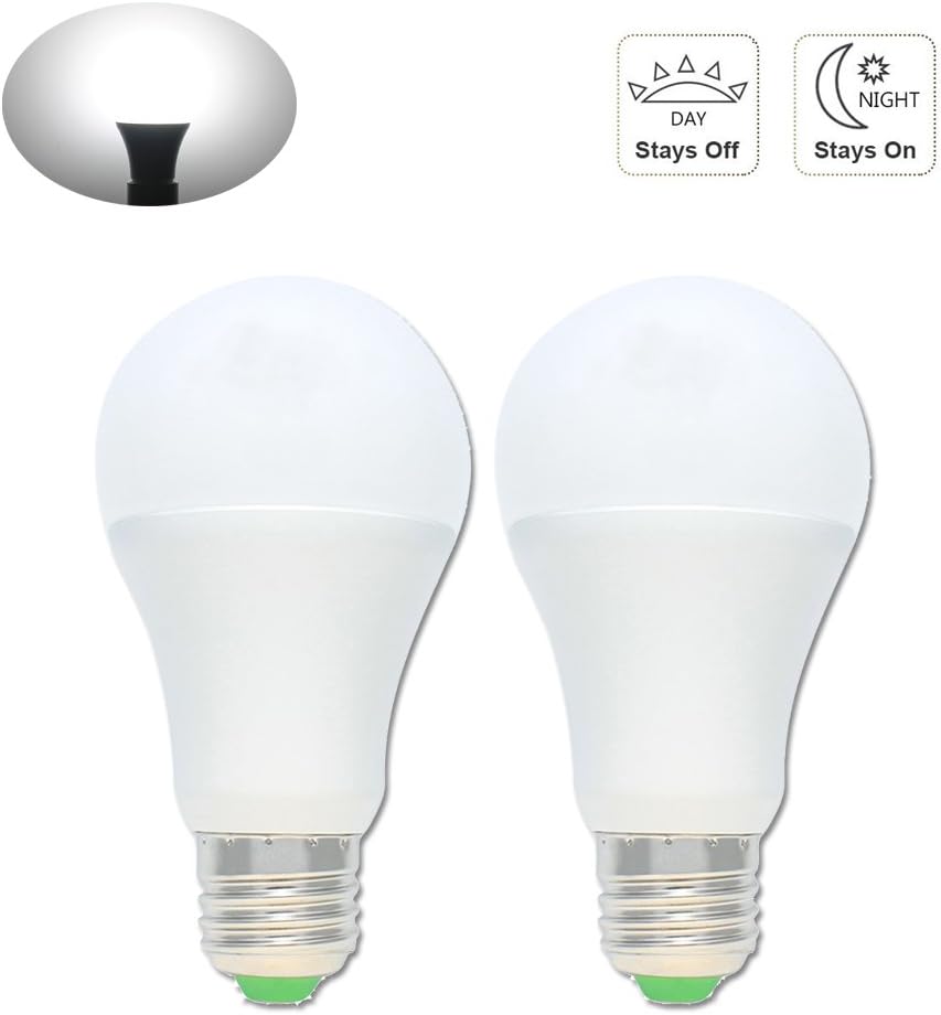 2 Pack Sensor Lights Bulb Dusk to Dawn LED Light Bulbs Smart Lighting Lamp 5W E26/E27 Socket 6000k Automatic On & Off for Outdoor Yard, Porch, Patio, Garage, Garden Security Lighting (Cold White) [Energy Class A+]