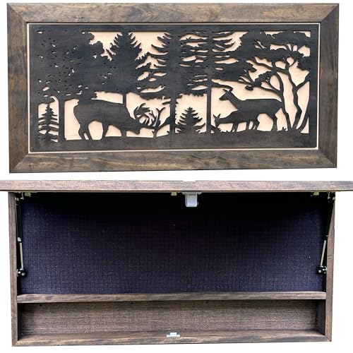 Bellewood Designs Deer Scene Gun Concealment Decor - Handcrafted Wooden Gun Cabinets - Gun Shelf Hidden Storage for Rifles, Shotguns, & Handguns - Quick Access Hidden Wall Safe (Extra Large)