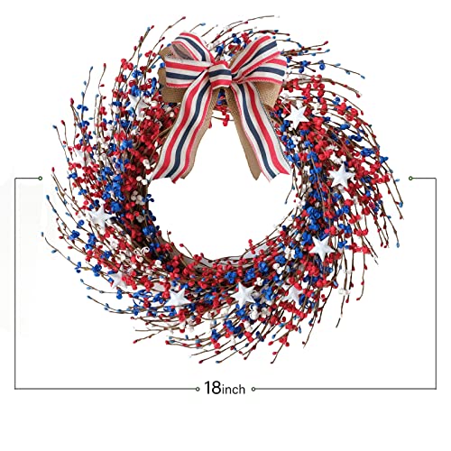 Idyllic 18 Inch Patriotic Red White Blue Berries Leaves Wreath For Front Door, Memorial Day Burlap Bow Wreath For Home Decor, Independence Day Forth Of July Wreath For Indoor And Outdoor #TOP2
