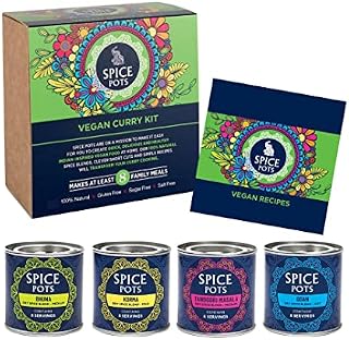 Spice Pots Vegan Curry Kit - 4 Spices - Korma, Bhuna, Goan, Tandoori Curry Powder - 8 Easy Vegan Curry Recipes - Indian Curries - Gifts for Men - Christmas Gifts - Gluten Free - 4 x 40g