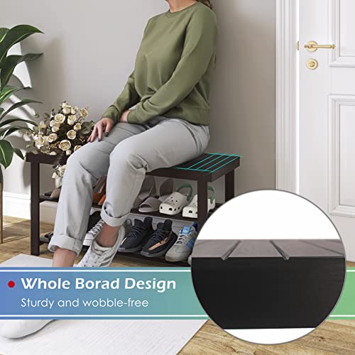 رف تخزين أحذية متين بتصميم مقعد من البامبو، رف تخزين ومنظم أحذية من 3 مستويات للمدخل والصالة والحمام وغرفة المعيشة من سميباي، بلون بني غامق