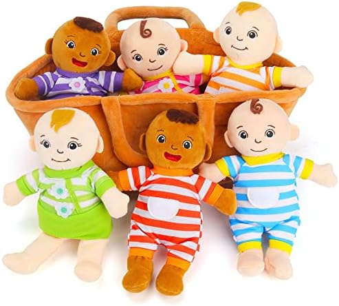 Qpewep Basket of Babies Plush Dolls, 8" Plush Diversity Baby Dolls- 6 Piece Set Interchangeable Clothes Stuffed Plush Figures for All Ages Easter Gift