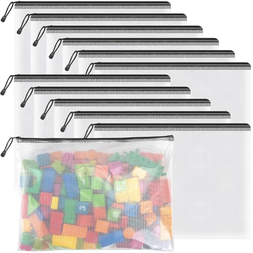 Umriox Mesh Pouch, 14.9x11.0 in (Black, 12 Pack), Extra Large Waterproof Zipper Bags for Office Supplies, Puzzles, Board Games & Cross Stitch Projects