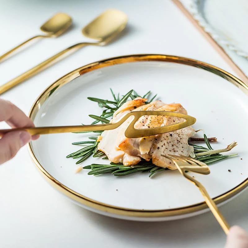 Image of Modern Stainless Steel Flatware Set - 4-Piece Unique Bent Handle Cutlery Set - Fork, Knife, Spoon & Teaspoon - Elegant Kitchen & Dining Silverware Set for Home & Restaurant (Gold)