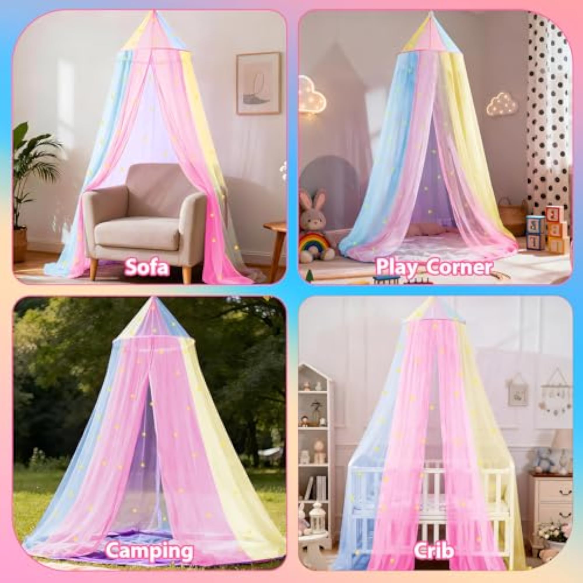 Rainbow Bed Canopy for Girls with Glowing Stars
