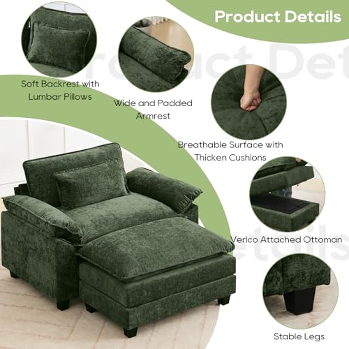 Image of Oprisen 53 inch Modular Sectional Sofa, Comfy Cloud Couch Sectional Sofa with Ottoman, Chenille Sofa Sleeper Deep Seat Sofa with Throw Pillows for Living Room (Green)