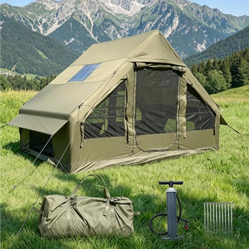 Image of Inflatable Camping Tents with Hand Pump, Air Glamping Tents, Easy Setup Waterproof and Windproof Blow up Tent, 4 Seasons Oxford Cabin Tent with Mesh Window & Stove Jack.