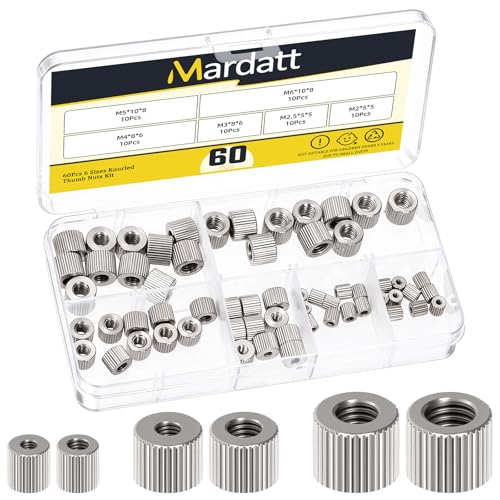 Mardatt 60PCS M2 M2.5 M3 M4 M5 M6 Knurled Thumb Nuts, Sliver Through Hole Round Female Thread Type Flat Head Grooved Knurled Wing Nut Lock Adjusting Nuts for Furniture Fastening 3D Printer