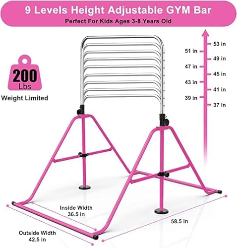 Ravs Gymnastics Bar For Kids With Swing Set, 8 Heights Adjustable Easy Folding Gymnastic Training Bar Kids Monkey Horizontal Bars - Max Load 300Lbs (Small-Pink) #TOP2