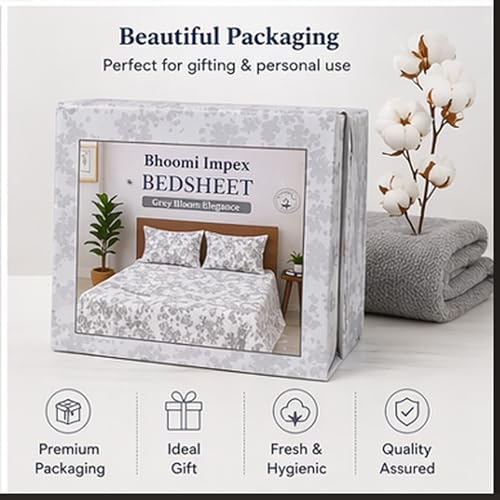 Image of Bedsheet for King Bed Include Pillow Covers | Grey Bloom Elegance Premium Bedding | Pure Cotton 144 Thread Count|108x108 inch - Grey Bloom Elegance