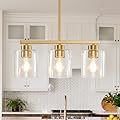 ROCUNSI 3-Light Gold Kitchen Island Lighting, Gold Pendant Light Fixture, Farmhouse Dining Room Light Fixtures Over Table, Modern Hanging Light Fixtures with Clear Glass, E26 Base, Bulbs Not Included