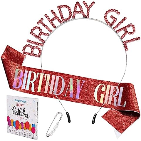 JunyRuny Red Birthday Girl Sash, Tiara & Headband Crown - Decorations and Gifts for Her Cover