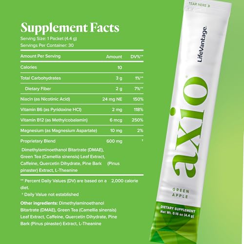 Image of LifeVantage AXIO Regular Energy Drink Powder, Nootropic Supplement, Focus & Mood Support, with L-theanine, Green Tea, B Vitamins, DMAE, Quercetin & Pine Bark, Green Apple, 30 Packets