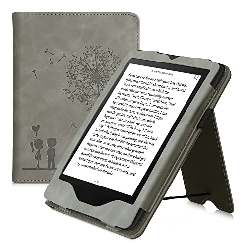 kwmobile Case Compatible with Amazon Kindle Paperwhite (11. Gen - 2021) - Synthetic Nubuck Leather Cover with Magnetic Closure, Kickstand, Hand Strap, Card Slot - Dandelion Love Grey