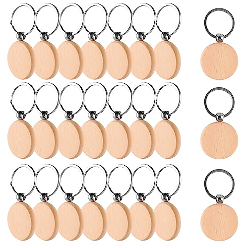 Bubuny 24 Pezzi Portachiavi in Legno, Portachiavi in Bianco Fai da Te Personalizzato, Dischi in Legno Rotondi da Decorare, Portachiavi in ​​Legno con Pirografia Incisione Fai-da-Te