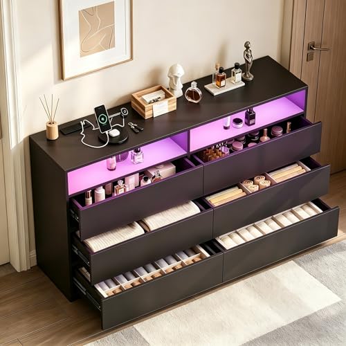 Black Dresser 6 Drawer Dresser for Bedroom with LED Lights Power Outlet Modern Wood Chest of Drawers for Closet Double Wide Drawer Storage Organizer TV Stand for Living Room Entryway Hallway