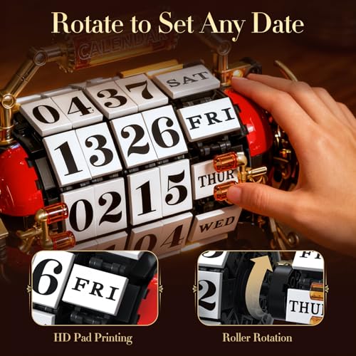 Image of Vintage Calendar Building Blocks Set, Retro Flip Perpetual Calendar Model Building Kit for Adults Teens Kids, Mechanical Desk Date Display Home Office Decor, Gift for Collectors & Vintage Lovers