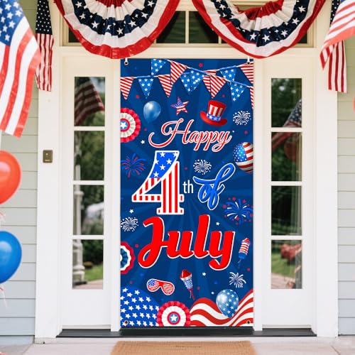 Image of AIBIIN Happy 4th of July Door Cover Banner 4th of July USA Backdrop Memorial Patriotic Decorations for Independence Day Party Supplies Patriotic Theme Backdrop Poster for Indoor Outdoor Decor