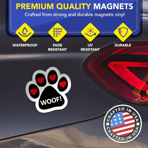 Image of Magnet Me Up Woof! with Heart Pawprint Magnet Decal, 5 Inch, 2 Pack, Heavy Duty Automotive Accessory Magnet for Cars, Trucks, and SUVs, UV- Printed, Vinyl, Crafted in USA