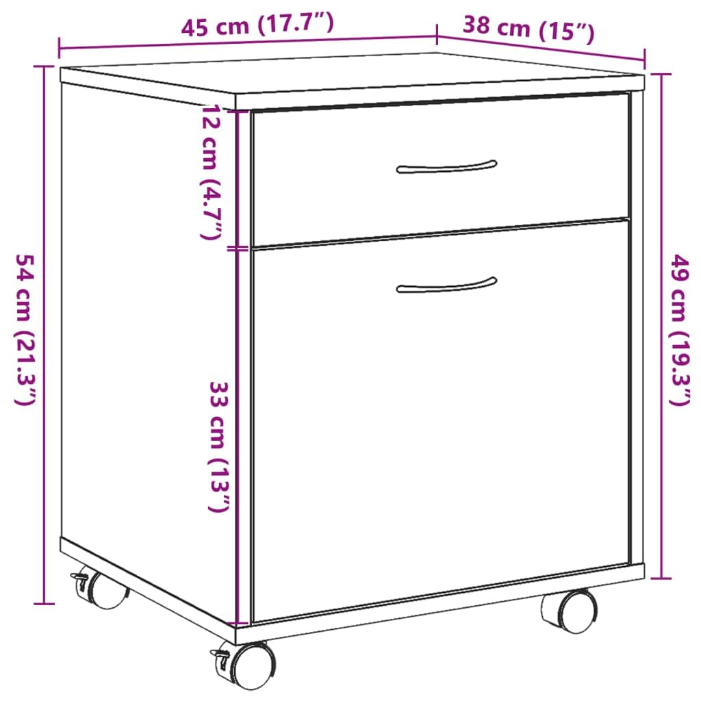 Cassettiera con rotelle, effetto legno anticato, 45 x 38 x 54 cm, con cassetto, vano portaoggetti e armadietto, ideale come armadietto per documenti, ufficio, soggiorno, camera da letto