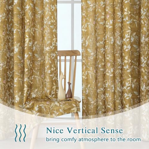 Image of Chyhomenyc Light Filtering 84 Inch Window Curtains - Linen Blend Floral Printed Curtains Drapes for Living Room, Soft Farmhouse Curtain for Bedroom, 52Wx84L Inch, 2 Panels, Gold