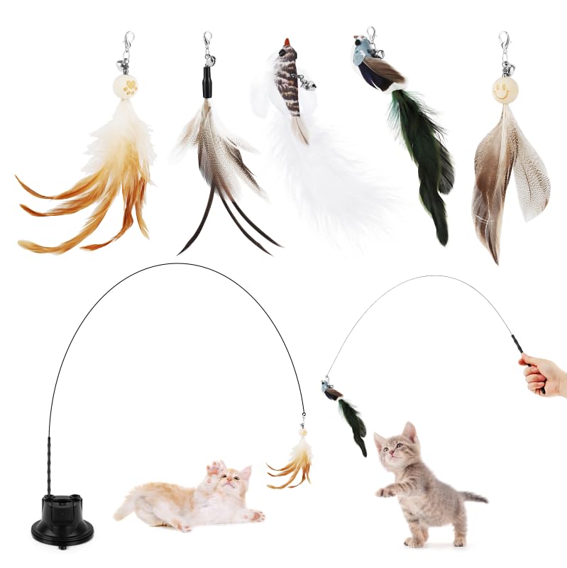 8 Stück Interaktives Katzenspielzeug, Katzen Spielzeug mit Starkem Saugnapf, 2 Katzenangel, 2 Glöckchen Vögeln, 3 Federn, Intelligenz Spielzeug...
