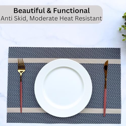 Image of Livmodern Premium PVC Dining Table Mats for 6 Seater| Woven PVC Placemats | Heat Resistant & Anti Skid Table Mats| Wipeable & Washable Set of 6- Midnight Chevron