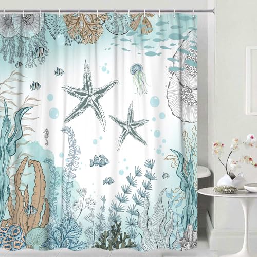 Image of Starfish Shower Curtain, Nautical Sea Animals Summer Shower Curtains for Kids, Teal Blue Ocean Beach Coastal Decorative Bathroom Curtain Sets Waterproof Fabric Machine Washable with Hooks