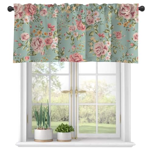 Vintage Flower Semi Sheer Green Valance, Short Window Treatment, Light Filtering Decor for Kitchen, Living Room, Bedroom - 42"x18"