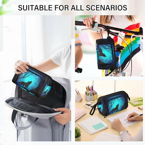 Image of Fisyme Blue Moon Wolf Pencil Case Large Capacity Pencil Pouch Pen Bag Box Big Makeup Pencil Case Organizer