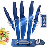 Wanbasion Blue 7 piece Kitchen Knife Sets Dishwasher Safe, Knife Block Stainless Steel with Knives,...