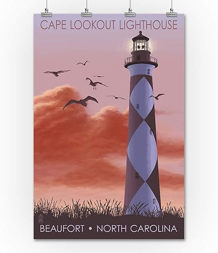 Miniatura 2 de Beaufort, Carolina del Norte, Faro y amanecer (36 x 54 pulgadas, impresión de galería Giclée para decoración de pared, póster de viaje)