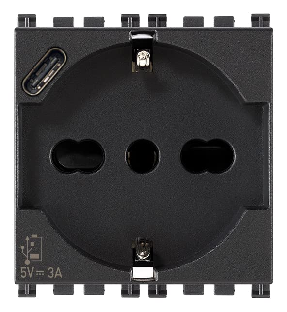 VIMAR 19210.USB Arké Socket 2 Modules SICURY 2P+T 16A 250V Universal Italian Standard P40 and USB Output Type C 5V and 3A for Fast Charging Grey