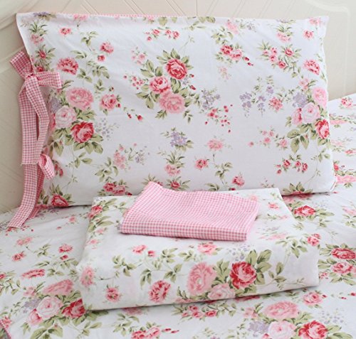Fadfay Bed Sheets Pink Rose Floral Print Bed Sheet Set 4-Piece Full Size #TOP5