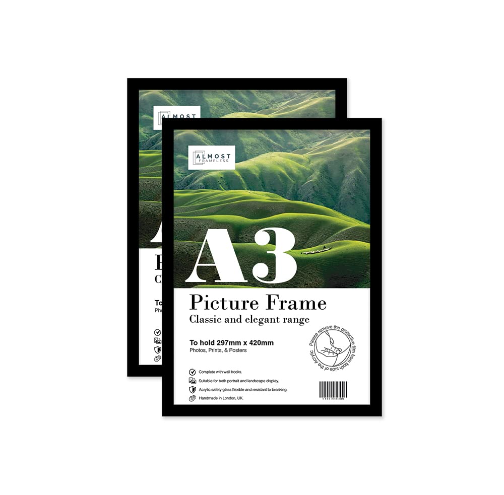 Almost Frameless A3 Black Picture Frame Set of 2, Display A3 Picture Gallery Wall, Poster, Photo, Artwork, or Print, Black
