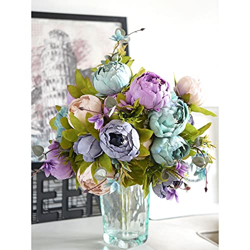 Image of FiveSeasonStuff Vintage Artificial Peonies Silk Peony Flowers and Hydrangeas for Wedding Bridal Home Decor - Beautiful Floral Centerpiece Arrangement Decoration with 2 Bouquets (Mixed Blue)