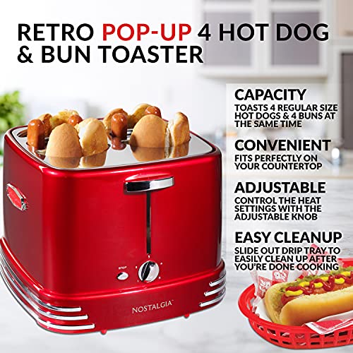Nostalgia 4 Slot Hot Dog And Bun Toaster With Mini Tongs, Hot Dog Toaster Works With Chicken, Turkey, Veggie Links, Sausages And Brats, Metallic Red #TOP1