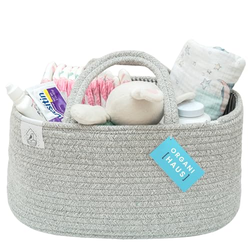 OrganiHaus Baby Organizer Korb, Aufbewahrungskorb für den Wickeltisch und das Kinderzimmer, Geschenke für Neugeborene & Baby Aufbewahrungskorb mit Fächern & Griffen, Grau