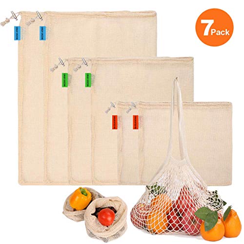 Meowoo Sac Réutilisable Legumes et Fruit Sacs de Courses en Coton Naturelle Lavable en Machine Sac de Reutilisable Alimentaire Poids de Tare sur L'étiquette,7pcs. (6+1pcs)